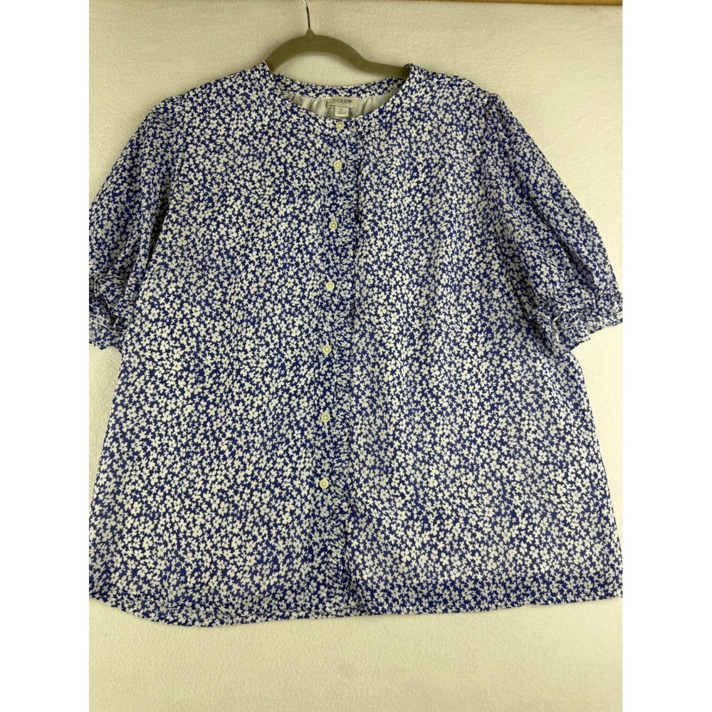 J.Crew Blue White Ditsy Floral Ruffle Button Down Puff Sleeve Blouse Large